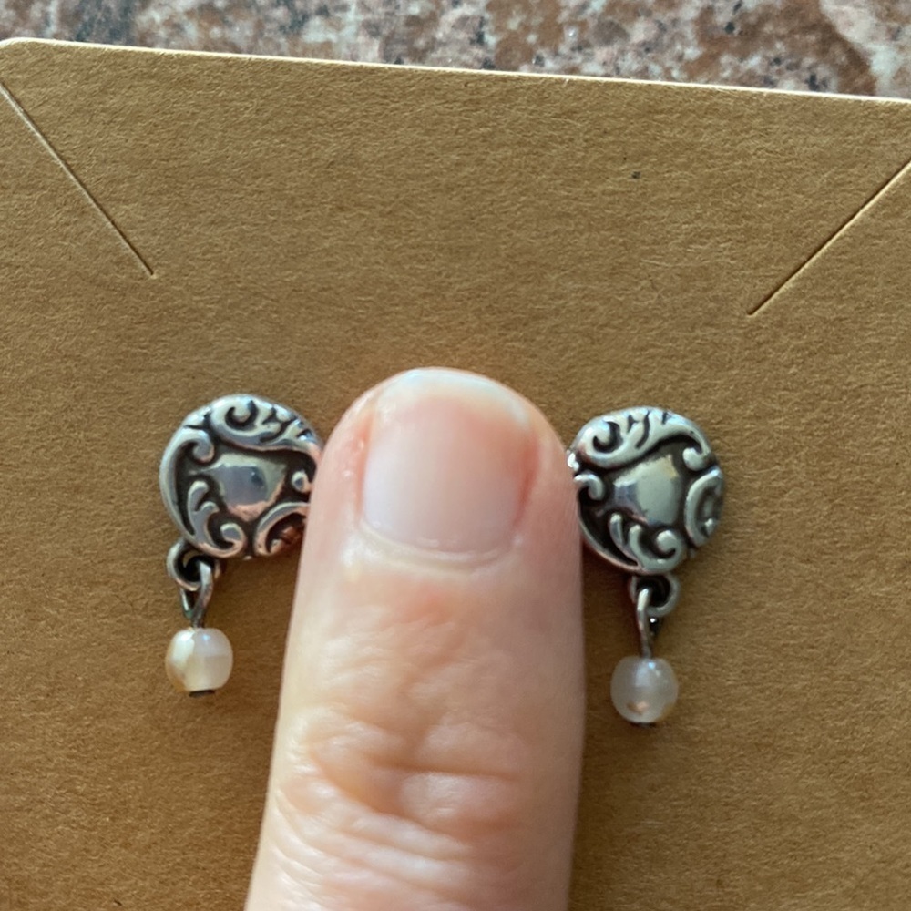 Brighton vintage silver and white mini post dangle bead earrings - Picture 3 of 4